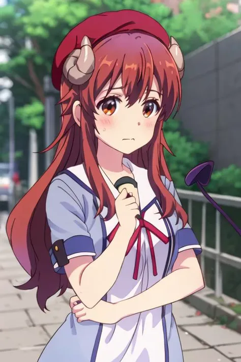 best quality, masterpiece, highres, solo, {yoshida_yuko_thedemongirlnextdoor:1.15}, long_hair, brown_hair, demon_girl, demon_horns, horns, curled_horns, blush, ahoge, brown_eyes, closed_mouth, bangs, hair_between_eyes, 1girl, bow, collared_shirt, hat, red_headwear, shirt, white_shirt, beret, blurry, blurry_background, cabbie_hat, red_bow, upper_body, depth_of_field, looking_at_viewer, outdoors