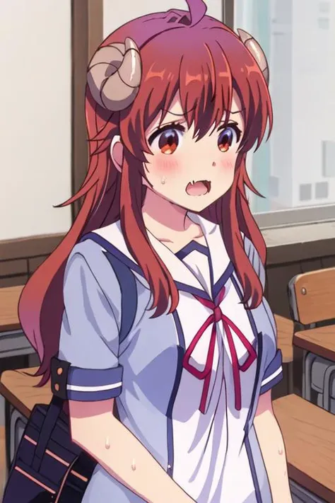 best quality, masterpiece, highres, solo, {yoshida_yuko_thedemongirlnextdoor:1.15}, long_hair, brown_hair, demon_girl, demon_horns, horns, curled_horns, blush, ahoge, brown_eyes, closed_mouth, bangs, hair_between_eyes, 1girl, school_uniform, upper_body, sailor_collar, shirt, sweat, open_mouth, white_sailor_collar, fang, blue_shirt, indoors, skin_fang