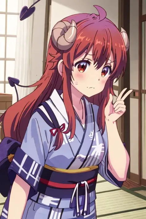 best quality, masterpiece, highres, solo, {yukata:1.40}, {kimono:1.20}, {yoshida_yuko_thedemongirlnextdoor:1.15}, long_hair, brown_hair, demon_girl, demon_horns, horns, curled_horns, blush, ahoge, brown_eyes, closed_mouth, bangs, hair_between_eyes