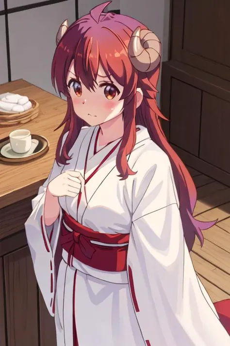 best quality, masterpiece, highres, solo, {white kimono:1.35}, {red hakama:1.35}, {wide sleeves:1.20}, {yoshida_yuko_thedemongirlnextdoor:1.15}, long_hair, brown_hair, demon_girl, demon_horns, horns, curled_horns, blush, ahoge, brown_eyes, closed_mouth, bangs, hair_between_eyes