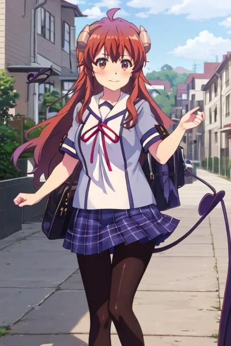 best quality, masterpiece, highres, solo, {yoshida_yuko_thedemongirlnextdoor:1.15}, long_hair, brown_hair, demon_girl, demon_horns, horns, curled_horns, blush, ahoge, brown_eyes, closed_mouth, bangs, hair_between_eyes, 1girl, demon_tail, school_uniform, skirt, tail, black_pantyhose, pantyhose