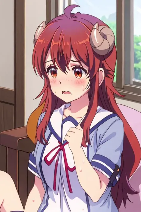 best quality, masterpiece, highres, solo, {yoshida_yuko_thedemongirlnextdoor:1.15}, long_hair, brown_hair, demon_girl, demon_horns, horns, curled_horns, blush, ahoge, brown_eyes, closed_mouth, bangs, hair_between_eyes, 1girl, closed_eyes, open_mouth, sweat, red_hair, couch, school_uniform