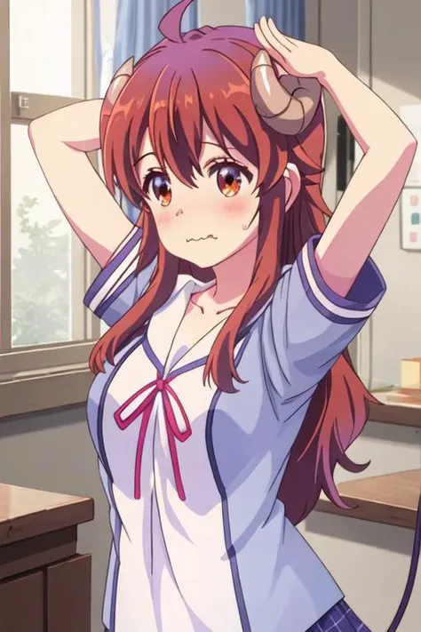 best quality, masterpiece, highres, solo, {yoshida_yuko_thedemongirlnextdoor:1.15}, long_hair, brown_hair, demon_girl, demon_horns, horns, curled_horns, blush, ahoge, brown_eyes, closed_mouth, bangs, hair_between_eyes, 1girl, collarbone, pink_shirt, shirt, short_sleeves, upper_body, wavy_mouth, ribbon, arms_up, indoors, neck_ribbon