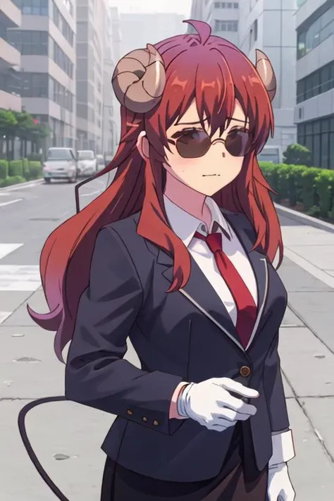 best quality, masterpiece, highres, solo, {black business suit:1.40}, {tie:1.20}, {sunglasses:1.25}, {white gloves:1.15}, {white shirt:1.10}, {black skirt:1.15}, {smoking:1.20}, handsome, {yoshida_yuko_thedemongirlnextdoor:1.15}, long_hair, brown_hair, demon_girl, demon_horns, horns, curled_horns, blush, ahoge, brown_eyes, closed_mouth, bangs, hair_between_eyes