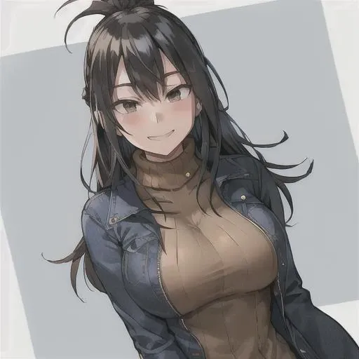 nana shimura, 1girl, solo, long hair, breasts, looking at viewer, blush, smile, bangs, black hair, jacket, upper body, braid, signature, medium hair, mole, grin, black eyes, sweater, v, turtleneck, denim, blue jacket, mole under mouth, red nails, ribbed sweater, brown background, turtleneck sweater, yellow sweater <lora:NanaShimuraLoRA-10:0.6>