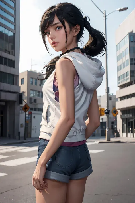 (masterpiece, best quality), 1girl, <lora:LoRA_Amano:1> twintails, long hair, bangs, low twintails, black hair, blue eyes, hair between eyes, bare shoulders, collarbone, jacket, shorts, sleeveless, choker, shiny, hood, bare arms, short shorts, sleeveless shirt, black choker, white jacket, hood down, hooded jacket, pendant, blue shorts, sleeveless jacket, holding strap, sleeveless hoodie;