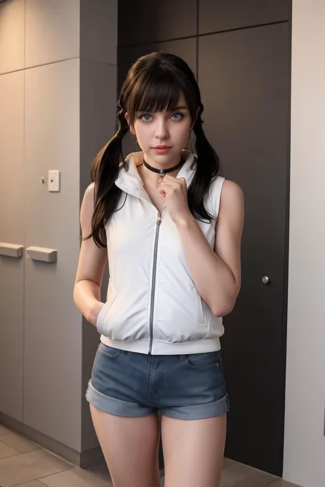 (masterpiece, best quality), 1girl, <lora:LoRA_Amano:1> twintails, long hair, bangs, low twintails, black hair, blue eyes, hair between eyes, bare shoulders, collarbone, jacket, shorts, sleeveless, choker, shiny, hood, bare arms, short shorts, sleeveless shirt, black choker, white jacket, hood down, hooded jacket, pendant, blue shorts, sleeveless jacket, holding strap, sleeveless hoodie;