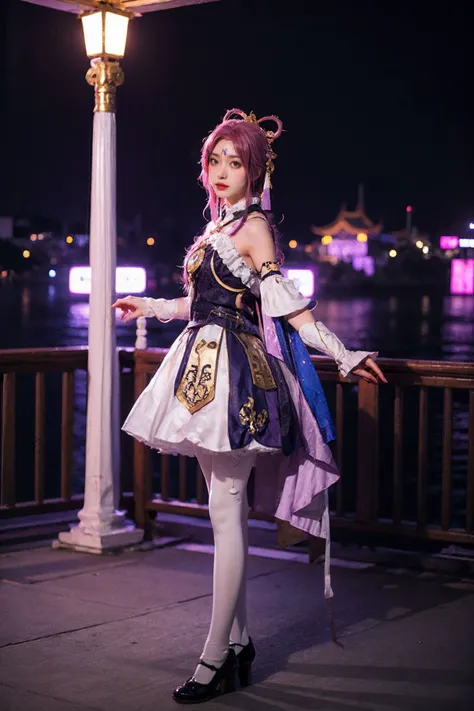 best quality, masterpiece, realistic, photorealistic, 1girl, solo, full body, looking at viewer, fuxuan cosplay costume, cosplay, hair ornament, forehead mark, pantyhose, footwear, arms at side, (night:1.2), detailed background, chinese garden, <lora:fuxuan_cosplay_costume_v1:0.65>,