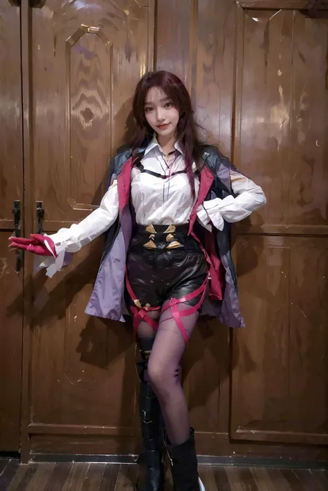 ((full body:1.5, medium breast:1.4, slender body:1.3)),best quality, masterpiece, photorealistic, 1girl, solo, bangs, looking at viewer, standing, arms at side, red hair, kafka cosplay costume, kafka, cosplay, eyewear on head, shirt, gloves, shorts, legwear under shorts, jacket, coat, thigh strap, purple pantyhose, long sleeves, asymmetrical boots, asymmetrical legwear, high heel boots, high-waist shorts, simple background, (body height 150 cm, body weight 42 kg), lustful woman, arroused, seduced, flirty, orgasm face, horny, <lora:kafka_cosplay_costume:0.7>