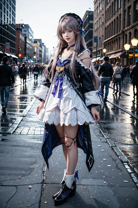 best quality, masterpiece, realistic, (photorealistic:1.4), 1girl, solo, full body, smile, herta cosplay costume, cosplay, long purple hair, doll joints, joints, ankle boots, hat, standing, in street, night, <lora:herta_cosplay_costume_v1:0.65>