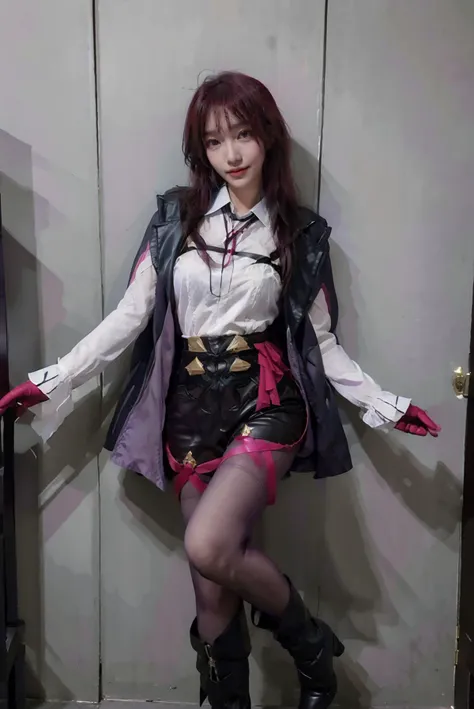 ((full body:1.5, medium breast:1.4, slender body:1.3)),best quality, masterpiece, photorealistic, 1girl, solo, bangs, looking at viewer, standing, arms at side, red hair, kafka cosplay costume, kafka, cosplay, eyewear on head, shirt, gloves, shorts, legwear under shorts, jacket, coat, thigh strap, purple pantyhose, long sleeves, asymmetrical boots, asymmetrical legwear, high heel boots, high-waist shorts, simple background, (body height 150 cm, body weight 42 kg), lustful woman, arroused, seduced, flirty, orgasm face, horny, <lora:kafka_cosplay_costume:0.7>