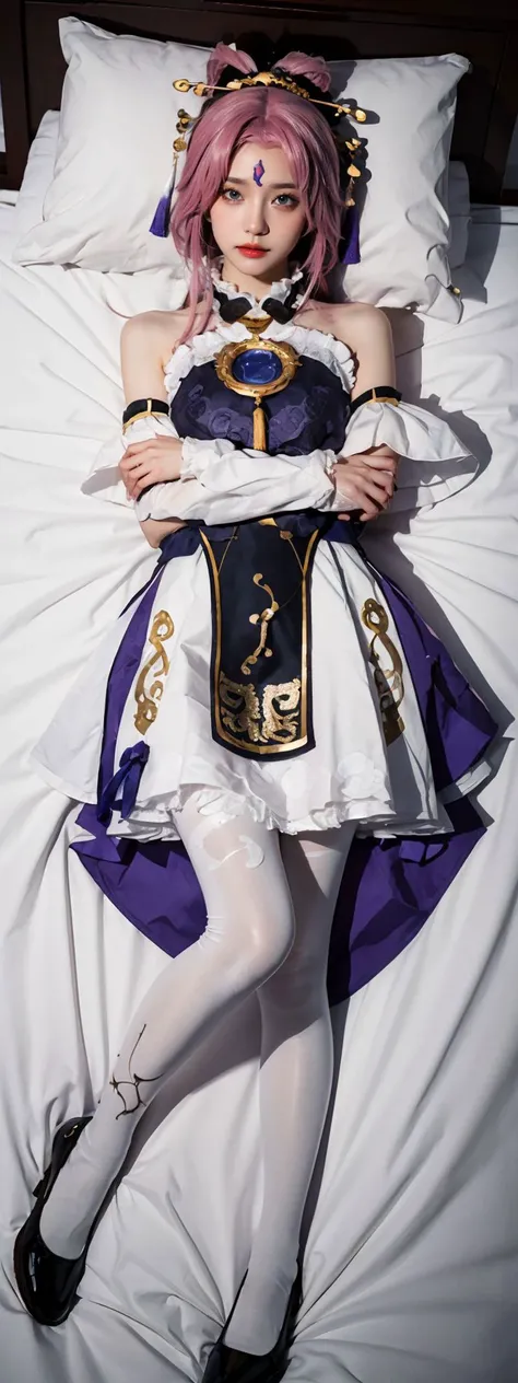 (masterpiece),
detailed blue eyes, beatiful face,
light particles,
1 lady, fullbody,
bed,
lying,
dakimakura,
looking at viewer,
1girl, solo, full body, looking at viewer, fuxuan cosplay costume, cosplay, hair ornament, forehead mark, pantyhose, footwear, detailed background, chinese garden, <lora:fuxuan_cosplay_costume_v1:0.65>, <lora:GoodHands-beta2:0.5>,