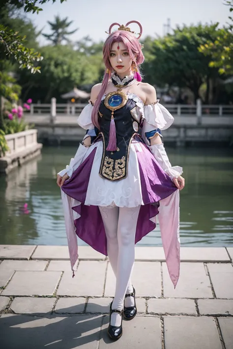 best quality, masterpiece, realistic, photorealistic, 1girl, solo, full body, looking at viewer, fuxuan cosplay costume, cosplay, hair ornament, forehead mark, pantyhose, footwear, detailed background, chinese garden, <lora:fuxuan_cosplay_costume_v1:0.65>, <lora:GoodHands-beta2:0.5>,