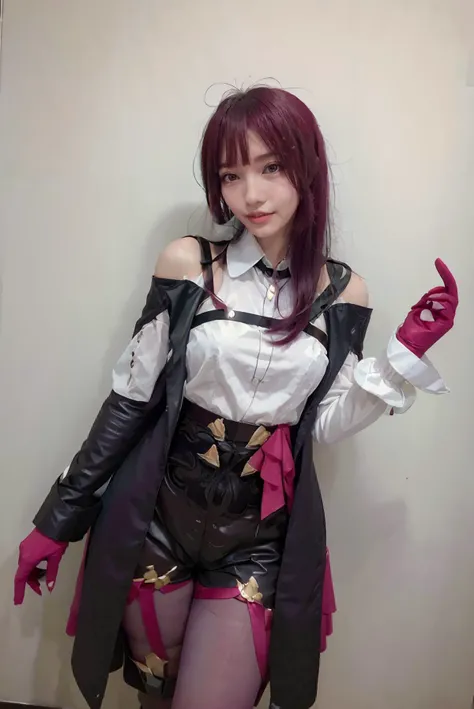 A dashing collected professional beauty young woman wearing kafka cosplay costume, (((kafka cosplay costume)), kafka, cosplay, red hair, eyewear on head, shirt, gloves, shorts, legwear under shorts, thigh strap, purple pantyhose, long sleeves, asymmetrical boots, asymmetrical legwear, high heel boots, high-waist shorts, (jacket, coat), bare shoulders, off-shoulder shirt, off shoulder), (1girl, solo, one people, one person, alone, standing straight, arms at side), best quality, ((masterpiece)), (photorealistic:1.4), photorealism, photography, hyperrealistic, hyperdetailed, lots of details, extremely amazing finely detail, ((full body:1.5, medium breast:1.4, slender body:1.3, body height 150 cm, body weight 40 Kg, realistic body, realistic face, realistic hands, realistic feet)), perfect body, perfect face, detailed body, detailed face, detailed finger, realistic hand and finger, extremely delicate beautiful, most beautiful woman, looking at viewer, lustful woman, arroused, seduced, flirty, orgasm face, horny, seductive expression, seductive pose, sexy hot pose, closed mouth, cute, virgin, photobooth, photo studio, ((simple elegant dark black background)), (nikon RAW photo, 8K, Fujifilm XT3, HDR10+, high-res, depth of field, huge filesize), shoot by professional, studio lighting, professional tuned lighting, perfection, best of the best, best quality, professional model, fine tuned, <lora:kafka_cosplay_costume:0.7>