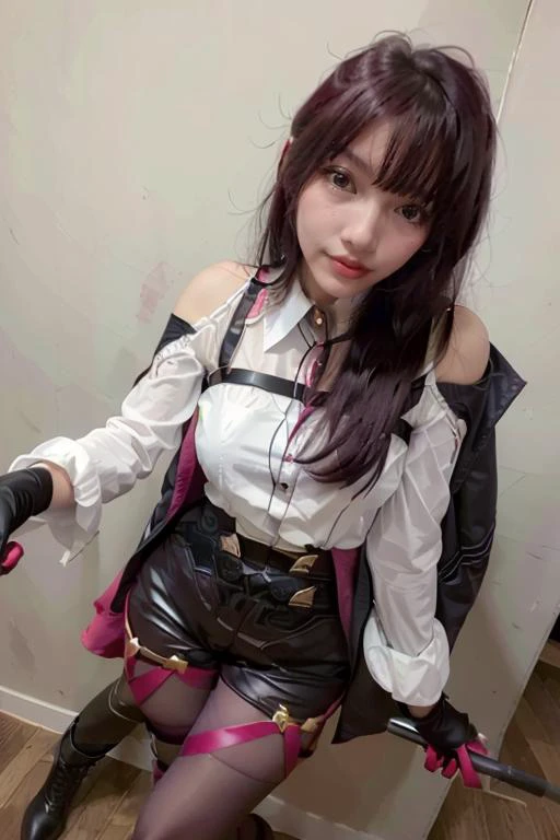 A dashing collected professional beauty young woman wearing kafka cosplay costume, (((kafka cosplay costume)), kafka, cosplay, red hair, eyewear on head, shirt, gloves, shorts, legwear under shorts, thigh strap, purple pantyhose, long sleeves, asymmetrical boots, asymmetrical legwear, high heel boots, high-waist shorts, (jacket, coat), bare shoulders, off-shoulder shirt, off shoulder), (1girl, solo, one people, one person, alone, standing straight, arms at side), best quality, ((masterpiece)), (photorealistic:1.4), photorealism, photography, hyperrealistic, hyperdetailed, lots of details, extremely amazing finely detail, ((full body:1.5, medium breast:1.4, slender body:1.3, body height 150 cm, body weight 40 Kg, realistic body, realistic face, realistic hands, realistic feet)), perfect body, perfect face, detailed body, detailed face, detailed finger, realistic hand and finger, extremely delicate beautiful, most beautiful woman, looking at viewer, lustful woman, arroused, seduced, flirty, orgasm face, horny, seductive expression, seductive pose, sexy hot pose, closed mouth, cute, virgin, photobooth, photo studio, ((simple elegant dark black background)), (nikon RAW photo, 8K, Fujifilm XT3, HDR10+, high-res, depth of field, huge filesize), shoot by professional, studio lighting, professional tuned lighting, perfection, best of the best, best quality, professional model, fine tuned, <lora:kafka_cosplay_costume:0.7>