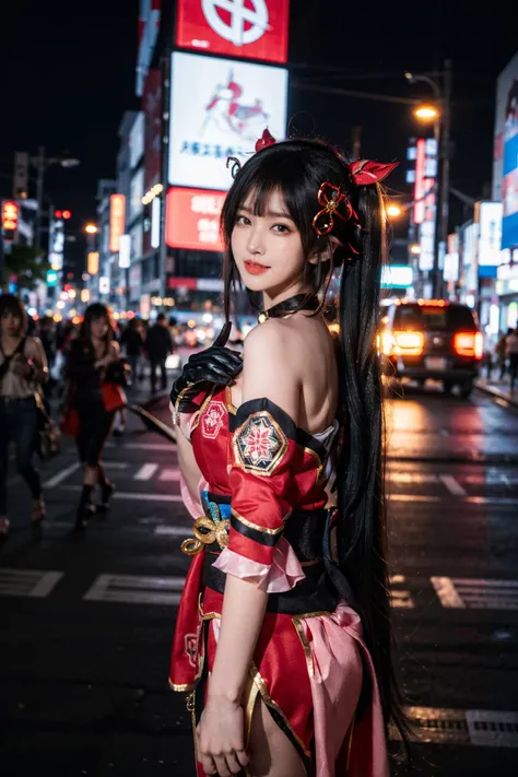 best quality, masterpiece, realistic, photorealistic, 1girl, solo, looking at viewer, smile, long black hair, bangs, standing, cowboy shot, sparkle cosplay costume, cosplay, twintails, dress, detached sleeves, bell, single glove, hair ornament, bare shoulders, fox mask, mask on head, city , tokyo, street, people, building, people, light, night, neon light, cyberpunk, <lora:Honkai_StarRail_Sparkle_costplay_costume_v1:0.7>