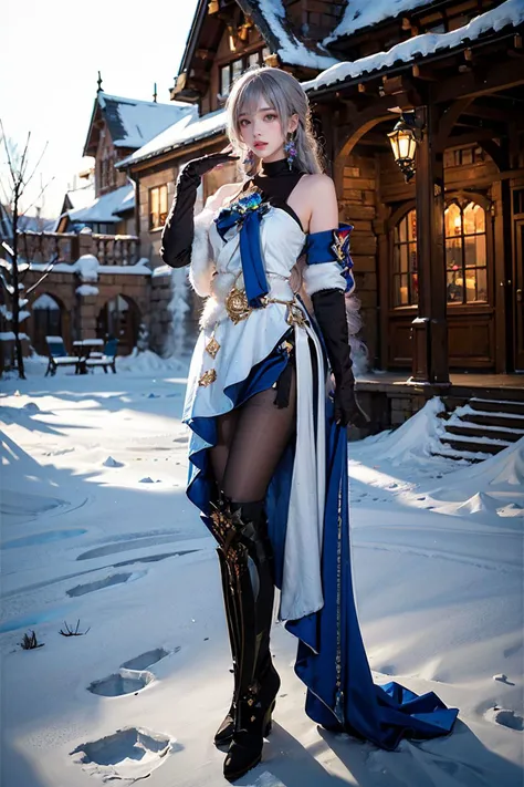best quality, masterpiece, realistic, (photorealistic:1.4), 1girl, solo, full body, bronya cosplay costume, cosplay, black pantyhose, earrings, boots, elbow gloves, detailed background, snow, winter, outdoors, luxury decorations, castle, sunshine, <lora:bronya_cosplay_costume_v1:0.7>,