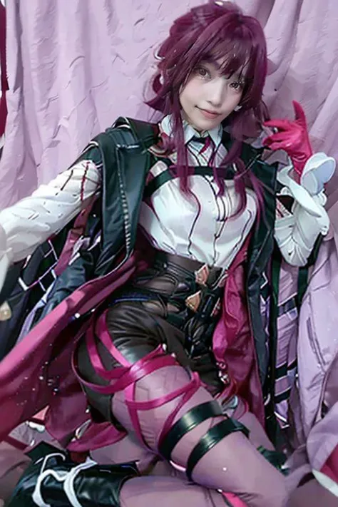 <lora:kafka_cosplay_costume:0.8> kafka cosplay costume, kafka, cosplay, red hair, eyewear on head, shirt, gloves, shorts, legwear under shorts, thigh strap, purple pantyhose, long sleeves, asymmetrical boots, asymmetrical legwear, high heel boots, high-waist shorts, jacket, coat, bare shoulders, off-shoulder shirt, off shoulder
