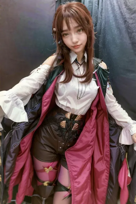 A young girl in a Kafka cosplay costume uniform stand up in front of luxurious gold curtains while looking at the camera in a sexy pose, dynamic pose, (RAW photo, best quality), (realistic, photo-realistic:1.3), masterpiece, an extremely delicate and beautiful, extremely detailed, CG, unity , 8k wallpaper, Amazing, finely detail, extremely detailed CG unity 8k wallpaper, huge filesize, ultra-detailed, highres, soft light, (((medium hair:1.3), short bang)), beautiful detailed girl, detailed fingers, extremely detailed eyes and face, beautiful detailed nose, beautiful detailed eyes, long eyelashes, light on face, looking at viewer, (closed mouth:1.2), 1girl, cute, young, mature face, ((full body:1.3)), ((medium breast)), realistic face, realistic body, beautiful detailed thigh, kafka cosplay costume uniform, <lora:kafka_cosplay_costume:0.75>, kafka, cosplay, red hair, eyewear on head, shirt, gloves, shorts, legwear under shorts, thigh strap, purple pantyhose, long sleeves, asymmetrical boots, asymmetrical legwear, high heel boots, high-waist shorts, jacket, coat, bare shoulders, off-shoulder shirt, off shoulder, jacket, coat, <lora:add_detail:0.5>, <lora:more_details:0.2>