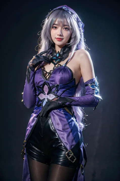 best quality, masterpiece, realistic, photorealistic, 1girl, solo, looking at viewer, smile, standing, cowboy shot, blackswan cosplay costume, elbow gloves, cosplay, gauntlets, gloves, dress, purple dress, pantyhose, veil, hood, shorts, mystical castle, <lora:Honkai_StarRail_BlackSwan_costplay_costume_v1:0.7>