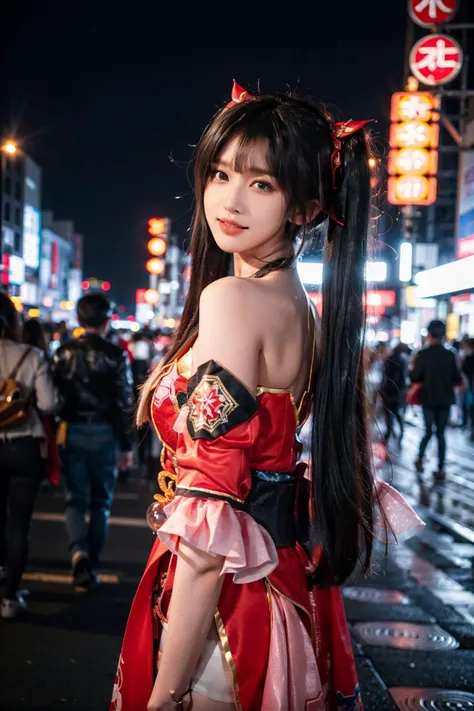 best quality, masterpiece, realistic, photorealistic, 1girl, solo, looking at viewer, smile, long black hair, bangs, standing, cowboy shot, sparkle cosplay costume, cosplay, twintails, dress, detached sleeves, bell, single glove, hair ornament, bare shoulders, fox mask, mask on head, city , tokyo, street, people, building, people, light, night, neon light, cyberpunk, <lora:Honkai_StarRail_Sparkle_costplay_costume_v1:0.7>