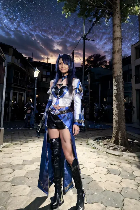 <lora:Honkai_StarRail_Acheron_costplay_costume_v1:0.65> acheron cosplay costume, acheron, cosplay, blue hair, very long hair, hair over one eye, shirt, asymmetrical clothes, single sleeves, shorts, crop top, belt, tattoo, gloves, single elbow glove, cleavage, boots, knee boots, high heel boots, hair covering one eye, <lora:JGV3_ChillMix:0.65> melly, 1girl, solo, young adult, ((Melly wearing acheron cosplay costume:1.5)), ((full body:1.8)), slender body, medium breast, medium hips, petite girl, perfect woman, asians, extreme delicate beautiful, standing, arms at side, open legs, spreading thighs, sexy pose, masterpiece, best quality, cinematic, lots of detail, HDR10+, torii gates, sakura tree, holding katana, supermassive black hole in the background, black hole in the sky, sucked in by a black hole, in the dark rocky desert, destroyed planet settings, destroyed civilization, armageddon, apocalypse, void realm, nihility, doomsday scene, nighttime, barren without buildings and signs of life, nightmare, looking at camera