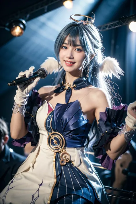 best quality, masterpiece, realistic, photorealistic, 1girl, solo, looking at viewer, grin, standing, cowboy shot, holding microphone, robin cosplay costume, cosplay, blue hair, long hair, dress, asymmetrical dress, strapless dress, detached sleeves, detached collar, head wings, feathered head wings, angel halo, halo, bare shoulders, gloves, treble clef symbol, music symbol, jewelry, stage lighting, stage spotlight, detailed background, audience, bands, <lora:Honkai_StarRail_Robin_cosplay_costume_v1:0.7>