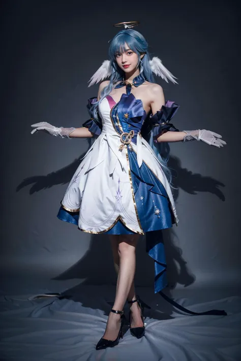 best quality, masterpiece, realistic, photorealistic, 1girl, solo, looking at viewer, smile, standing, full body, robin cosplay costume, cosplay, blue hair, long hair, dress, asymmetrical dress, strapless dress, detached sleeves, detached collar, head wings, feathered head wings, angel halo, halo, bare shoulders, gloves, treble clef symbol, music symbol, jewelry, high heels, blue high heels , grey background, <lora:Honkai_StarRail_Robin_cosplay_costume_v1:0.7>