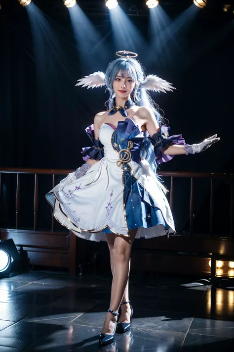 best quality, masterpiece, realistic, photorealistic, 1girl, solo, looking at viewer, smile, standing, full body, arms at side, robin cosplay costume, cosplay, blue hair, long hair, dress, asymmetrical dress, strapless dress, detached sleeves, detached collar, head wings, feathered head wings, angel halo, halo, bare shoulders, gloves, treble clef symbol, music symbol, jewelry, high heels, blue high heels , stage lighting, stage spotlight, detailed background, audience, bands, <lora:Honkai_StarRail_Robin_cosplay_costume_v1:0.7>