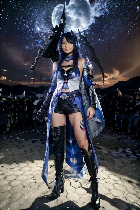<lora:Honkai_StarRail_Acheron_costplay_costume_v1:0.65> acheron cosplay costume, acheron, cosplay, blue hair, very long hair, hair over one eye, shirt, asymmetrical clothes, single sleeves, shorts, crop top, belt, tattoo, gloves, single elbow glove, cleavage, boots, knee boots, high heel boots, hair covering one eye, <lora:JGV3_ChillMix:0.65> melly, 1girl, solo, young adult, ((Melly wearing acheron cosplay costume:1.5)), ((full body:1.8)), slender body, medium breast, medium hips, petite girl, perfect woman, asians, extreme delicate beautiful, standing, arms at side, open legs, spreading thighs, sexy pose, masterpiece, best quality, cinematic, lots of detail, HDR10+, torii gates, sakura tree, holding katana, supermassive black hole in the background, black hole in the sky, sucked in by a black hole, in the dark rocky desert, destroyed planet settings, destroyed civilization, armageddon, apocalypse, void realm, nihility, doomsday scene, nighttime, barren without buildings and signs of life, nightmare, looking at camera