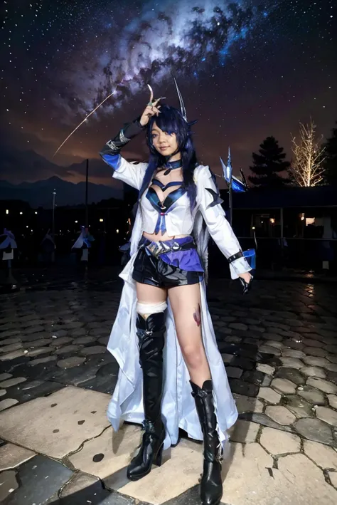 <lora:Honkai_StarRail_Acheron_costplay_costume_v1:0.65> acheron cosplay costume, acheron, cosplay, blue hair, very long hair, hair over one eye, shirt, asymmetrical clothes, single sleeves, shorts, crop top, belt, tattoo, gloves, single elbow glove, cleavage, boots, knee boots, high heel boots, hair covering one eye, <lora:JGV3_ChillMix:0.65> melly, 1girl, solo, young adult, ((Melly wearing acheron cosplay costume:1.5)), ((full body:1.8)), slender body, medium breast, medium hips, petite girl, perfect woman, asians, extreme delicate beautiful, standing, arms at side, open legs, spreading thighs, sexy pose, masterpiece, best quality, cinematic, lots of detail, HDR10+, torii gates, sakura tree, holding katana, supermassive black hole in the background, black hole in the sky, sucked in by a black hole, in the dark rocky desert, destroyed planet settings, destroyed civilization, armageddon, apocalypse, void realm, nihility, doomsday scene, nighttime, barren without buildings and signs of life, nightmare, looking at camera