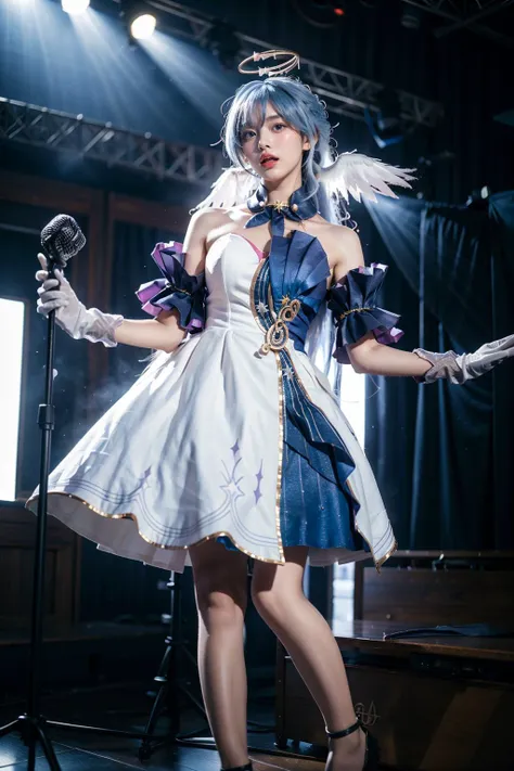 best quality, masterpiece, realistic, photorealistic, 1girl, solo, looking at viewer, open mouth, standing, cowboy shot, holding microphone, robin cosplay costume, cosplay, blue hair, long hair, dress, asymmetrical dress, strapless dress, detached sleeves, detached collar, head wings, feathered head wings, angel halo, halo, bare shoulders, gloves, treble clef symbol, music symbol, jewelry, high heels, stage lighting, stage spotlight, detailed background, audience, bands, <lora:Honkai_StarRail_Robin_cosplay_costume_v1:0.7>