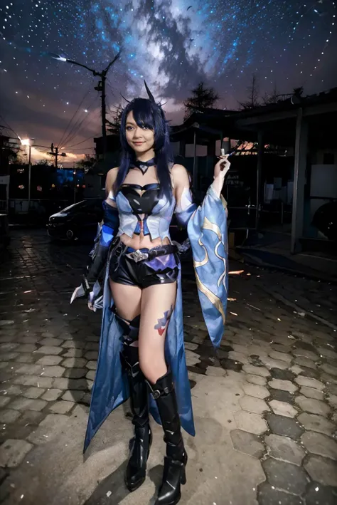 <lora:Honkai_StarRail_Acheron_costplay_costume_v1:0.65> acheron cosplay costume, acheron, cosplay, blue hair, very long hair, hair over one eye, shirt, asymmetrical clothes, single sleeves, shorts, crop top, belt, tattoo, gloves, single elbow glove, cleavage, boots, knee boots, high heel boots, hair covering one eye, <lora:JGV3_ChillMix:0.65> melly, 1girl, solo, young adult, ((Melly wearing acheron cosplay costume:1.5)), ((full body:1.8)), slender body, medium breast, medium hips, petite girl, perfect woman, asians, extreme delicate beautiful, standing, arms at side, open legs, spreading thighs, sexy pose, masterpiece, best quality, cinematic, lots of detail, HDR10+, torii gates, sakura tree, holding katana, supermassive black hole in the background, black hole in the sky, sucked in by a black hole, in the dark rocky desert, destroyed planet settings, destroyed civilization, armageddon, apocalypse, void realm, nihility, doomsday scene, nighttime, barren without buildings and signs of life, nightmare, looking at camera