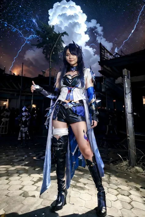 <lora:Honkai_StarRail_Acheron_costplay_costume_v1:0.65> acheron cosplay costume, acheron, cosplay, blue hair, very long hair, hair over one eye, shirt, asymmetrical clothes, single sleeves, shorts, crop top, belt, tattoo, gloves, single elbow glove, cleavage, boots, knee boots, high heel boots, hair covering one eye, <lora:JGV3_ChillMix:0.65> melly, 1girl, solo, young adult, ((Melly wearing acheron cosplay costume:1.5)), ((full body:1.8)), slender body, medium breast, medium hips, petite girl, perfect woman, asians, extreme delicate beautiful, standing, arms at side, open legs, spreading thighs, sexy pose, masterpiece, best quality, cinematic, lots of detail, HDR10+, torii gates, sakura tree, holding katana, supermassive black hole in the background, black hole in the sky, sucked in by a black hole, in the dark rocky desert, destroyed planet settings, destroyed civilization, armageddon, apocalypse, void realm, nihility, doomsday scene, nighttime, barren without buildings and signs of life, nightmare, looking at camera