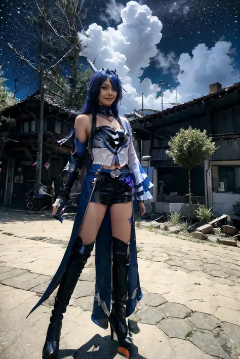 <lora:Honkai_StarRail_Acheron_costplay_costume_v1:0.65> acheron cosplay costume, acheron, cosplay, blue hair, very long hair, hair over one eye, shirt, asymmetrical clothes, single sleeves, shorts, crop top, belt, tattoo, gloves, single elbow glove, cleavage, boots, knee boots, high heel boots, hair covering one eye, <lora:JGV3_ChillMix:0.65> melly, 1girl, solo, young adult, ((Melly wearing acheron cosplay costume:1.5)), ((full body:1.8)), slender body, medium breast, medium hips, petite girl, perfect woman, asians, extreme delicate beautiful, standing, arms at side, open legs, spreading thighs, sexy pose, masterpiece, best quality, cinematic, lots of detail, HDR10+, torii gates, sakura tree, holding katana, supermassive black hole in the background, black hole in the sky, sucked in by a black hole, in the dark rocky desert, destroyed planet settings, destroyed civilization, armageddon, apocalypse, void realm, nihility, doomsday scene, nighttime, barren without buildings and signs of life, nightmare, looking at camera