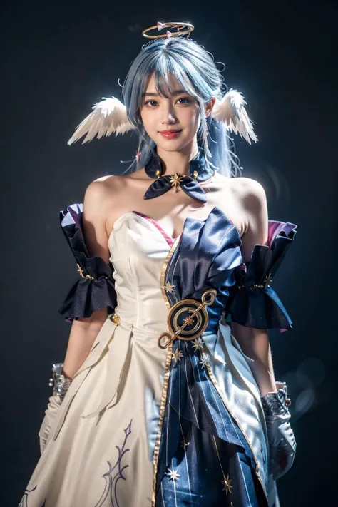 best quality, masterpiece, realistic, photorealistic, 1girl, solo, looking at viewer, smile, standing, cowboy shot, arms at side, robin cosplay costume, cosplay, blue hair, long hair, dress, asymmetrical dress, strapless dress, detached sleeves, detached collar, head wings, feathered head wings, angel halo, halo, bare shoulders, gloves, treble clef symbol, music symbol, jewelry, grey background, <lora:Honkai_StarRail_Robin_cosplay_costume_v1:0.7>