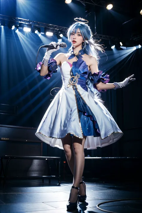 best quality, masterpiece, realistic, photorealistic, 1girl, solo, looking at viewer, open mouth, standing, full body, holding microphone, robin cosplay costume, cosplay, blue hair, long hair, dress, asymmetrical dress, strapless dress, detached sleeves, detached collar, head wings, feathered head wings, angel halo, halo, bare shoulders, gloves, treble clef symbol, music symbol, jewelry, high heels, blue high heels , stage lighting, stage spotlight, detailed background, audience, bands, <lora:Honkai_StarRail_Robin_cosplay_costume_v1:0.7>