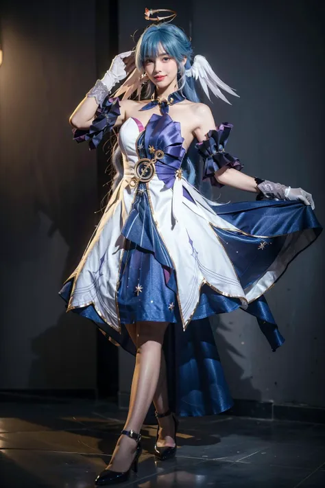 best quality, masterpiece, realistic, photorealistic, 1girl, solo, looking at viewer, smile, standing, full body, robin cosplay costume, cosplay, blue hair, long hair, dress, asymmetrical dress, strapless dress, detached sleeves, detached collar, head wings, feathered head wings, angel halo, halo, bare shoulders, gloves, treble clef symbol, music symbol, jewelry, high heels, blue high heels , grey background, <lora:Honkai_StarRail_Robin_cosplay_costume_v1:0.7>