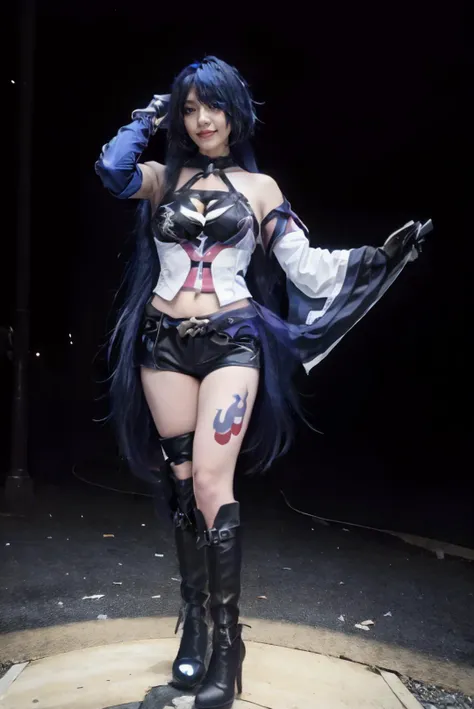 <lora:Honkai_StarRail_Acheron_costplay_costume_v1:0.65> acheron cosplay costume, acheron, cosplay, blue hair, very long hair, hair over one eye, shirt, asymmetrical clothes, single sleeves, shorts, crop top, belt, tattoo, gloves, single elbow glove, cleavage, boots, knee boots, high heel boots, <lora:JV1_ChillMix:0.6> nkftnh, hair covering one eye, 1girl, solo, young girl, (niken wearing acheron cosplay costume:1.5), (full body:1.8), slender body, small breast, small hips, petite girl, perfect woman, asians, horny expression, extreme delicate beautiful, standing, arms at side, open legs, spreading thighs, sexy pose, masterpiece, best quality, realistic, cinematic, lots of detail, HDR10+, golden ratio, torii gates, sakura tree, holding katana, black hole background, black hole in the sky, in the dark rocky desert, destroyed planet settings, destroyed civilization, armageddon, apocalypse, void realm, nihility, doomsday scene, nighttime, barren without buildings and signs of life, sucked in by a black hole, nightmare, looking at camera