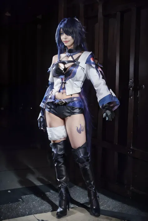 ((niken wearing acheron cosplay costume:1.6)), masterpiece, best quality, realistic, photorealistic, lots of detail, HDR10+, golden ratio, 1girl, solo, young girl, ((full body:1.8)), slender body, small breast, small hips, petite girl, perfect woman, extreme delicate beautiful, standing, arms at side, open legs, spreading thighs, sexy pose, blush, sweaty, horny, orgasm, female orgasm, dark rocky desert, deserted planet, blackhole background, nighttime, torii gates, sakura tree, katana, weapon, looking at viewer, asians, <lora:Honkai_StarRail_Acheron_costplay_costume_v1:0.65> acheron cosplay costume, acheron, cosplay, blue hair, very long hair, hair over one eye, shirt, asymmetrical clothes, single sleeves, shorts, crop top, belt, tattoo, gloves, single elbow glove, cleavage, boots, knee boots, high heel boots, <lora:JV1_ChillMix:0.6> hair covering one eye