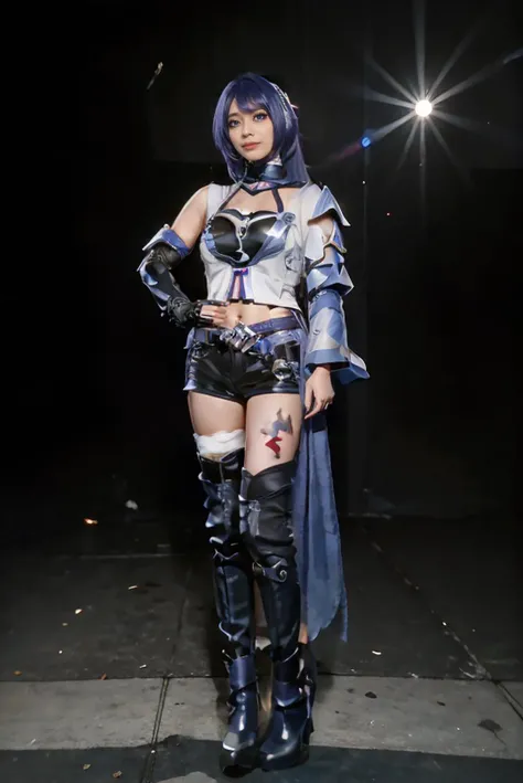 <lora:Honkai_StarRail_Acheron_costplay_costume_v1:0.65> acheron cosplay costume, acheron, cosplay, blue hair, very long hair, hair over one eye, shirt, asymmetrical clothes, single sleeves, shorts, crop top, belt, tattoo, gloves, single elbow glove, cleavage, boots, knee boots, high heel boots, hair covering one eye, <lora:Lika_Chill:0.65>, 1girl, solo, teen, ((Lika wearing acheron cosplay costume:1.5)), ((full body:1.8)), slender body, small breast, small hips, ite girl, perfect woman, asians, extreme delicate beautiful, standing, arms at side, open legs, sexy pose, masterpiece, best quality, cinematic, lots of detail, HDR10+, torii gates, sakura tree, holding katana, supermassive black hole in the background, black hole in the sky, sucked in by a black hole, in the dark rocky desert, destroyed planet settings, destroyed civilization, armageddon, apocalypse, void realm, nihility, doomsday scene, nighttime, barren without buildings and signs of life, nightmare, looking at camera
