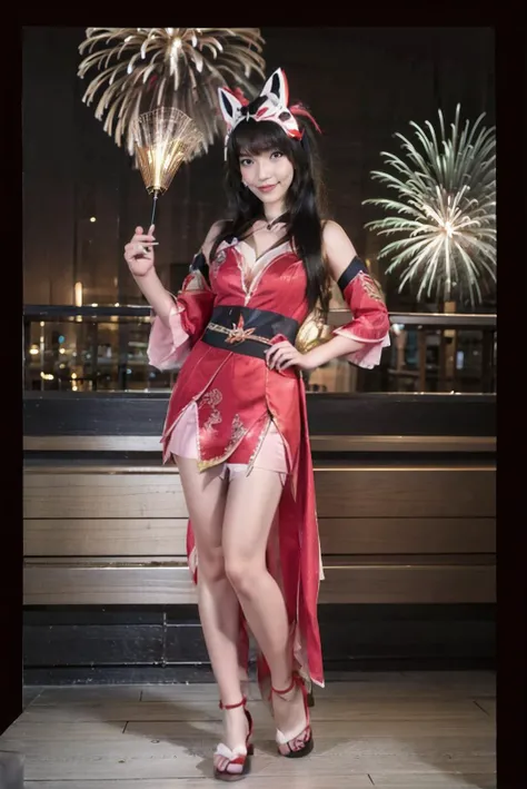 ((full body:1.5)), (best quality), (masterpiece), (realistic), (hyperdetailed), (HDR10+), (photorealistic), sexy, sexy pose, sexy expression, perfect girl, perfect female body, extreme delicate beautiful, adorable, gorgeous, teasing, suggestive, hot girl, looking at camera, fireworks, nightscape, dream city, dreamland, entertainment district, alone, quiet, deserted, outdoors, <lora:JV1_ChillMix:0.6> niken, javanese, nkftnh, 1girl, solo, woman, young girl, petite girl, short girl, small breast, small hips, slim body, red eyes, skinny, <lora:Honkai_StarRail_Sparkle_costplay_costume_v1:0.65> sparkle cosplay costume, cosplay, twintails, dress, detached sleeves, bell, single glove, hair ornament, bare shoulders, sandals, fox mask, mask on head, long hair