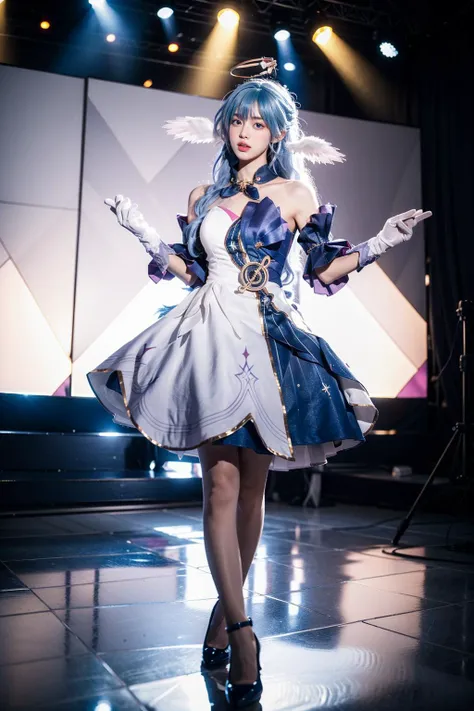 best quality, masterpiece, realistic, photorealistic, 1girl, solo, looking at viewer, open mouth, standing, full body, holding microphone, robin cosplay costume, cosplay, blue hair, long hair, dress, asymmetrical dress, strapless dress, detached sleeves, detached collar, head wings, feathered head wings, angel halo, halo, bare shoulders, gloves, treble clef symbol, music symbol, jewelry, high heels, blue high heels , stage lighting, stage spotlight, detailed background, audience, bands, <lora:Honkai_StarRail_Robin_cosplay_costume_v1:0.7>
