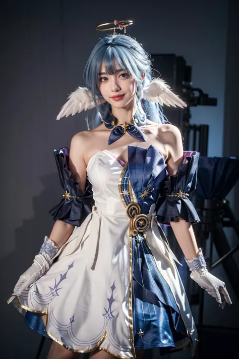 best quality, masterpiece, realistic, photorealistic, 1girl, solo, looking at viewer, smile, standing, cowboy shot, arms at side, robin cosplay costume, cosplay, blue hair, long hair, dress, asymmetrical dress, strapless dress, detached sleeves, detached collar, head wings, feathered head wings, angel halo, halo, bare shoulders, gloves, treble clef symbol, music symbol, jewelry, grey background, <lora:Honkai_StarRail_Robin_cosplay_costume_v1:0.7>