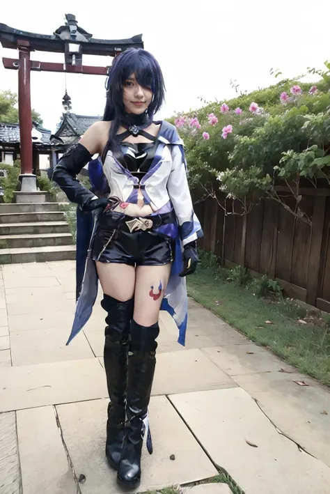 ((niken wearing achreon cosplay costume:1.5)), masterpiece, best quality, realistic, photorealistic, lots of detail, HDR10+, golden ratio, 1girl, solo, young girl, ((full body:1.8)), slender body, medium breast, medium hips, petite girl, perfect woman, extreme delicate beautiful, standing, arms at side, open legs, spreading thighs, sexy pose, blush, sweaty, nighttime, night sky, dawn, starry night, torii gate, sakura tree, Shinto Shrine, japanese temple, outdoor, looking at viewer, asians, <lora:Honkai_StarRail_Acheron_costplay_costume_v1:0.65> acheron cosplay costume, acheron, cosplay, blue hair, very long hair, hair over one eye, shirt, asymmetrical clothes, single sleeves, shorts, crop top, belt, tattoo, gloves, single elbow glove, cleavage, boots, knee boots, high heel boots, <lora:JV1_ChillMix:0.65> hair covering one eye