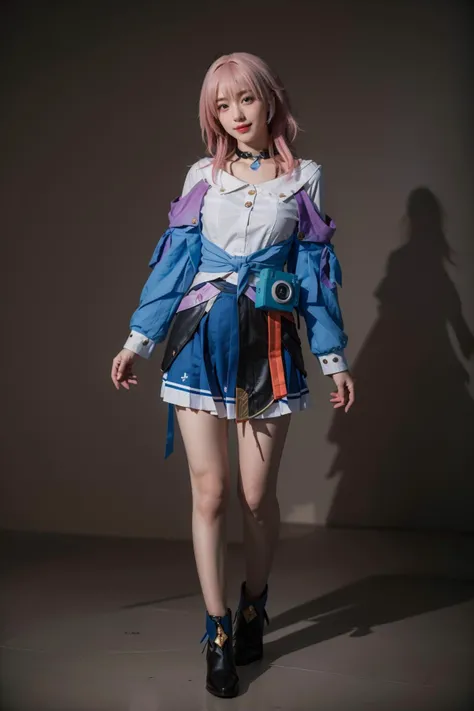 best quality,masterpiece,realistic,photorealistic,1girl,solo,looking at viewer,smile,standing,full body,march 7th cosplay costume,march 7th,cosplay,blue eyes,pink hair,medium hair,shirt,dress shirt,long sleeves,jacket,tied jacket,skirt,corset,pleated skirt,choker,camera,flower ornament,thigh strap,badge,button badge,high heel boots,ankle boots,simple grey background,<lora:Honkai_StarRail_March7th_costplay_costume_v2:0.7>,