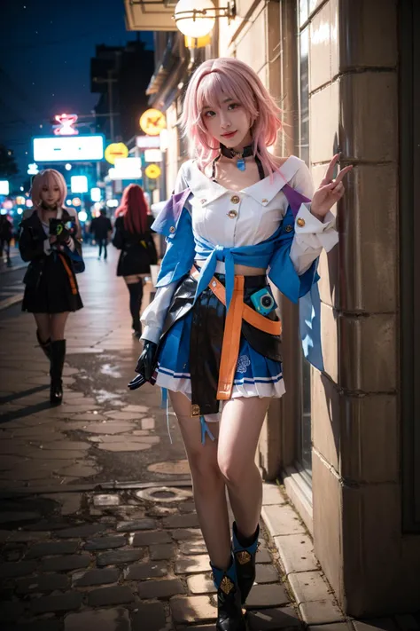 best quality,masterpiece,realistic,photorealistic,1girl,solo,looking at viewer,smile,standing,full body,march 7th cosplay costume,march 7th,cosplay,blue eyes,pink hair,medium hair,shirt,dress shirt,long sleeves,jacket,tied jacket,skirt,corset,pleated skirt,choker,camera,flower ornament,thigh strap,badge,button badge,single glove,partially fingerless gloves,high heel boots,ankle boots,in street,night,neon lights,<lora:Honkai_StarRail_March7th_costplay_costume_v2:0.7>,<lora:Background_Detail_v3:1>,