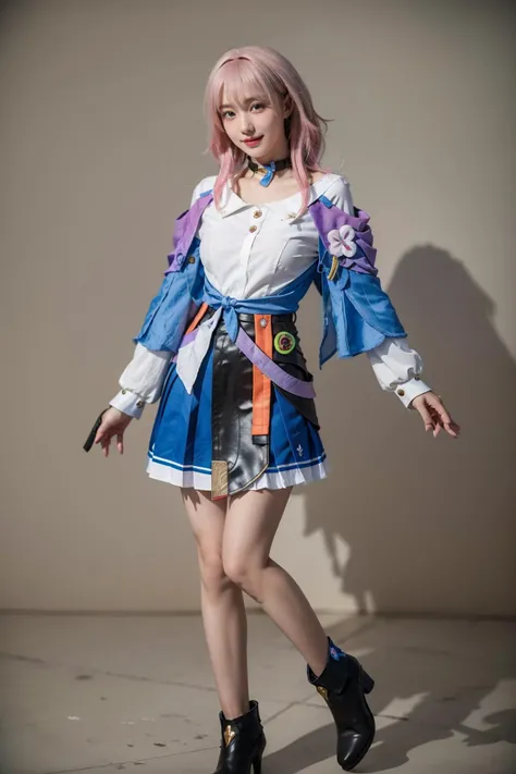 best quality,masterpiece,realistic,photorealistic,1girl,solo,looking at viewer,smile,standing,full body,march 7th cosplay costume,march 7th,cosplay,blue eyes,pink hair,medium hair,shirt,dress shirt,long sleeves,jacket,tied jacket,skirt,corset,pleated skirt,choker,camera,flower ornament,thigh strap,badge,button badge,high heel boots,ankle boots,simple grey background,<lora:Honkai_StarRail_March7th_costplay_costume_v2:0.7>,