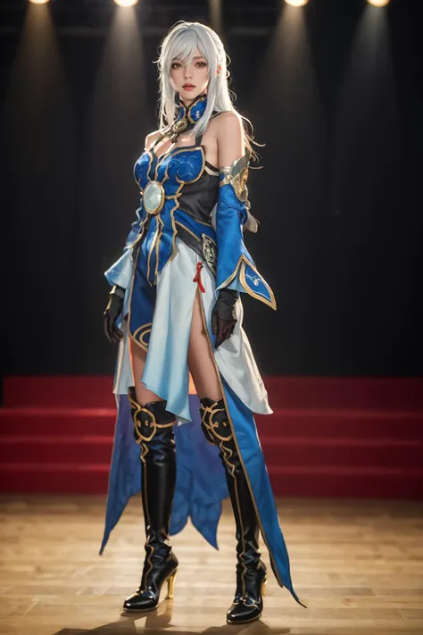 8k,highres,absurdres,masterpiece,best quality,original,extremely detailed CG,extremely detailed wallpaper,perfect lighting,<lyco:GoodHands-beta2:1>,
1girl,solo,blurry_background,looking_at_viewer,standing on the stage,
<lora:jingliu_cosplay_v2:0.7>,jingliu cosplay,jingliu,cosplay,white hair,long hair,bare shoulders,detached sleeves,gloves,dress,thigh boots,boots,