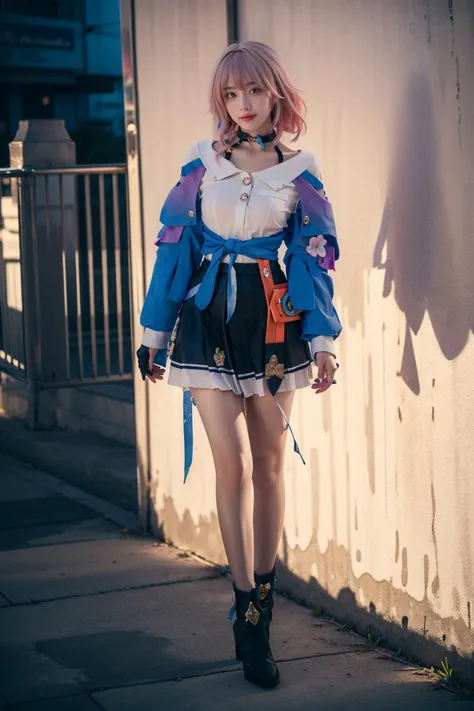 best quality,masterpiece,realistic,photorealistic,1girl,solo,looking at viewer,smile,standing,full body,march 7th cosplay costume,march 7th,cosplay,blue eyes,pink hair,medium hair,shirt,dress shirt,long sleeves,jacket,tied jacket,skirt,corset,pleated skirt,choker,camera,flower ornament,thigh strap,badge,button badge,high heel boots,ankle boots,in street,night,neon lights,<lora:Honkai_StarRail_March7th_costplay_costume_v2:0.7>,
